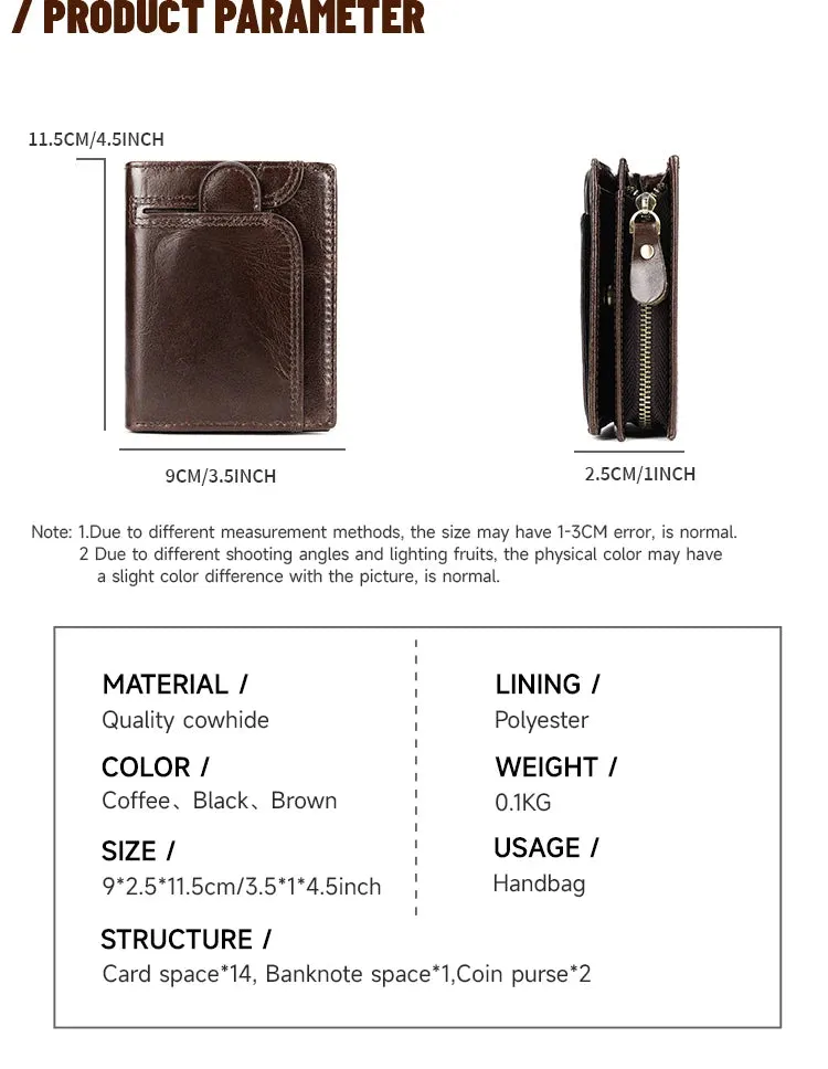 RFID Genuine Leather Wallet for Men, Short Clutch with Coin Pocket and Card Slots