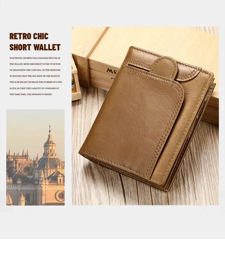 RFID Genuine Leather Wallet for Men, Short Clutch with Coin Pocket and Card Slots