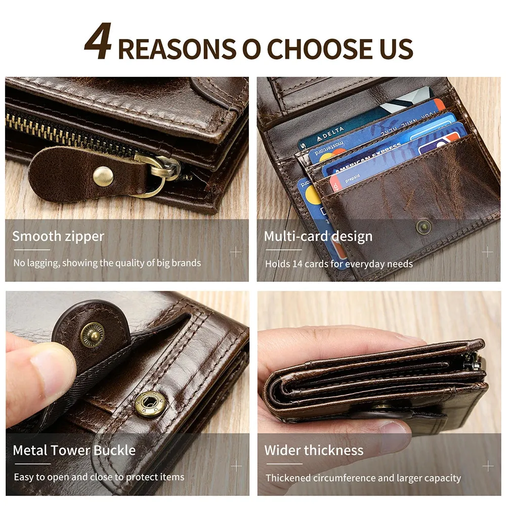 RFID Genuine Leather Wallet for Men, Short Clutch with Coin Pocket and Card Slots