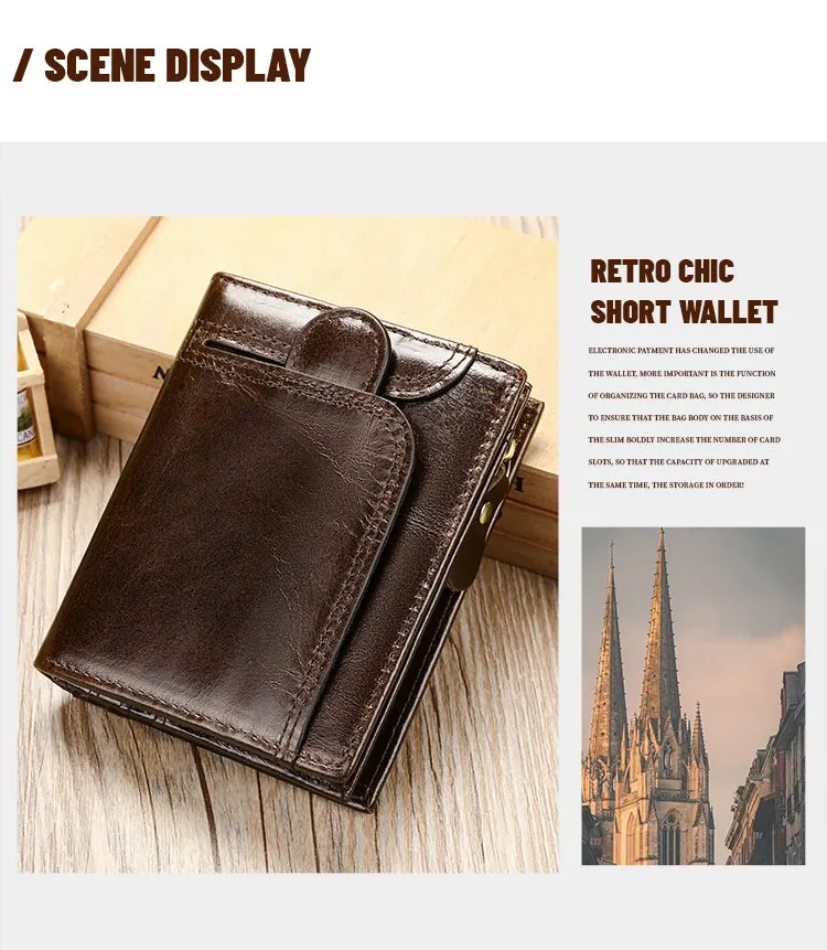 RFID Genuine Leather Wallet for Men, Short Clutch with Coin Pocket and Card Slots