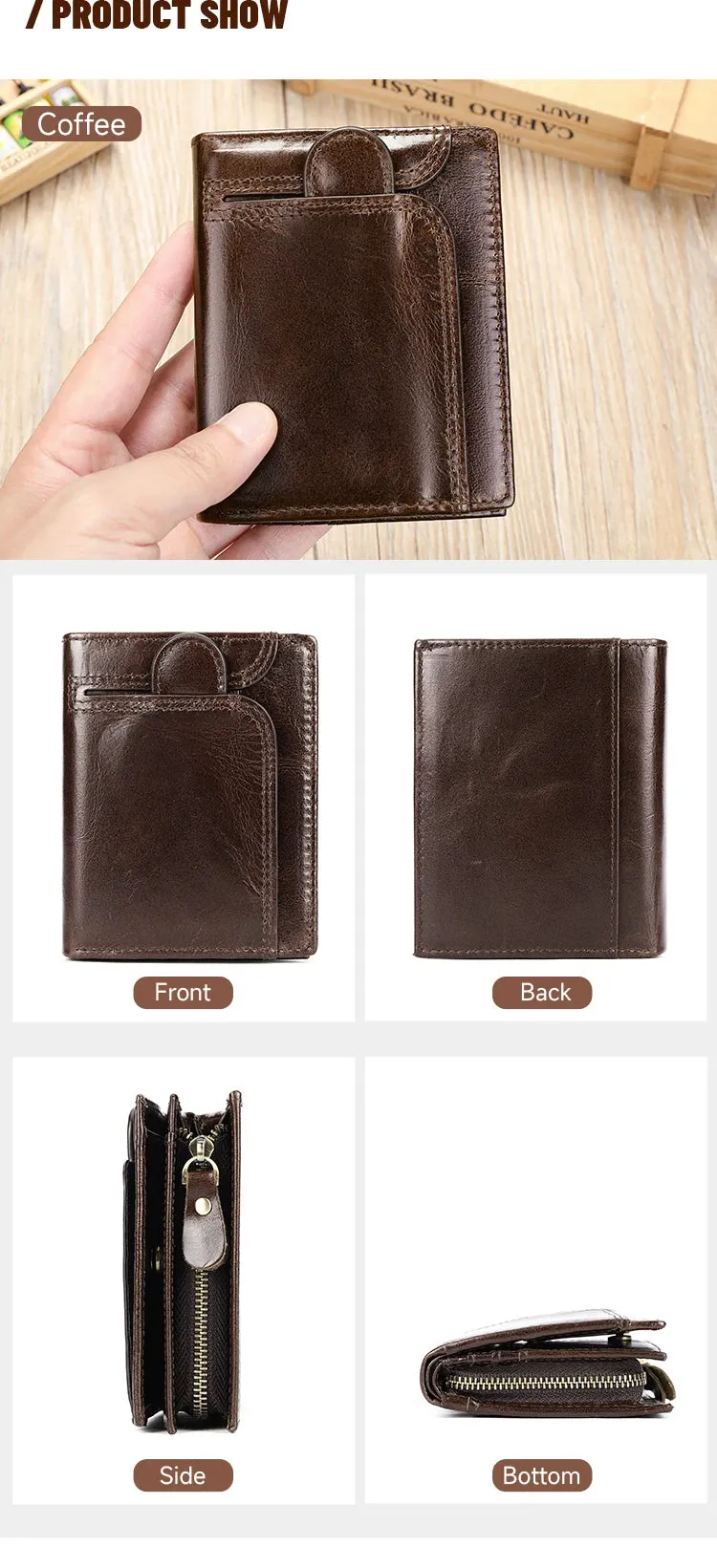 RFID Genuine Leather Wallet for Men, Short Clutch with Coin Pocket and Card Slots