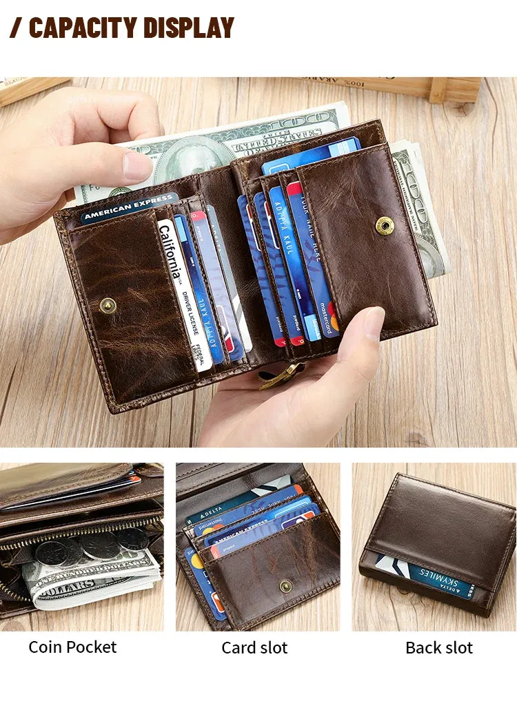 RFID Genuine Leather Wallet for Men, Short Clutch with Coin Pocket and Card Slots