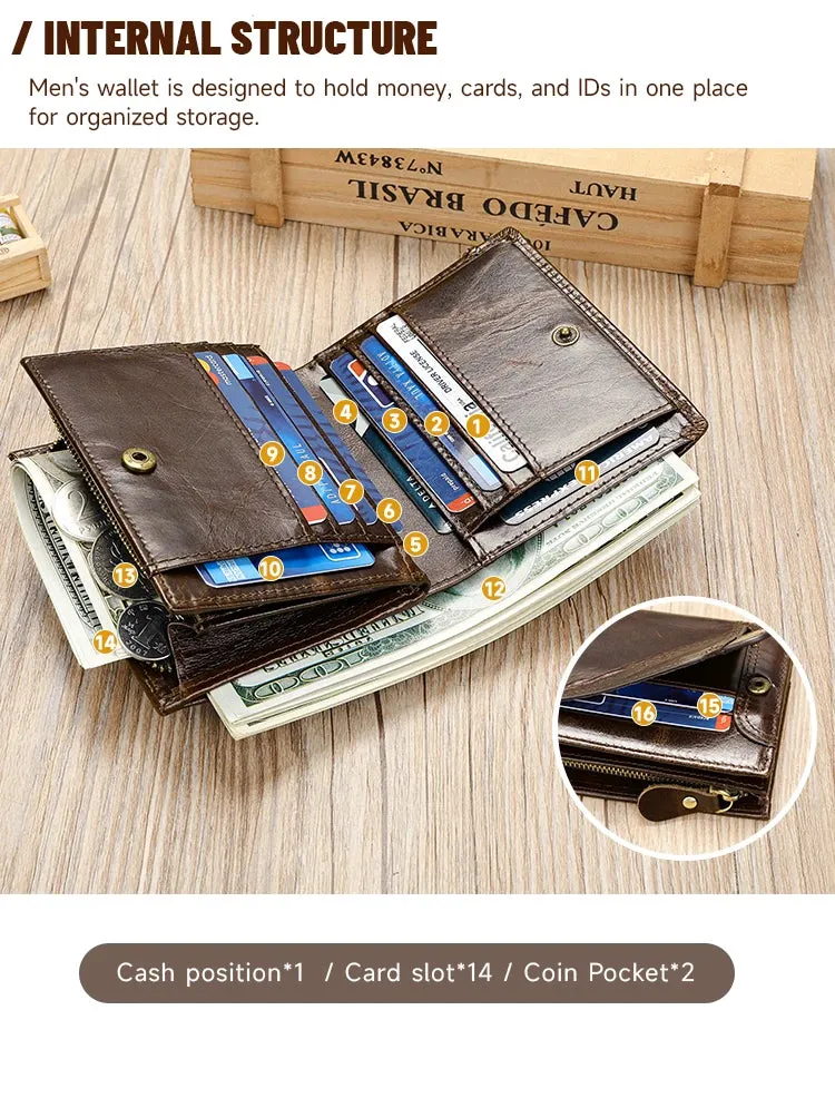RFID Genuine Leather Wallet for Men, Short Clutch with Coin Pocket and Card Slots