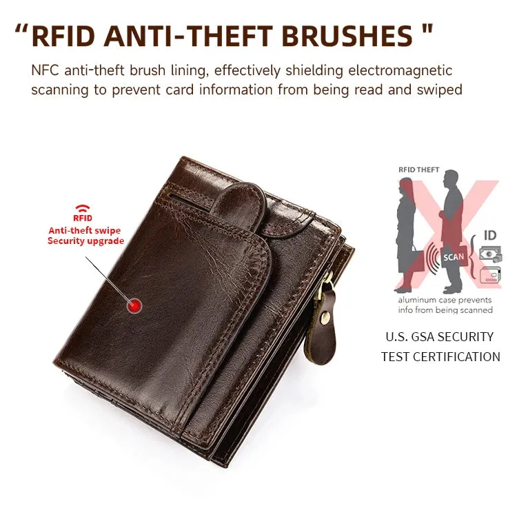 RFID Genuine Leather Wallet for Men, Short Clutch with Coin Pocket and Card Slots