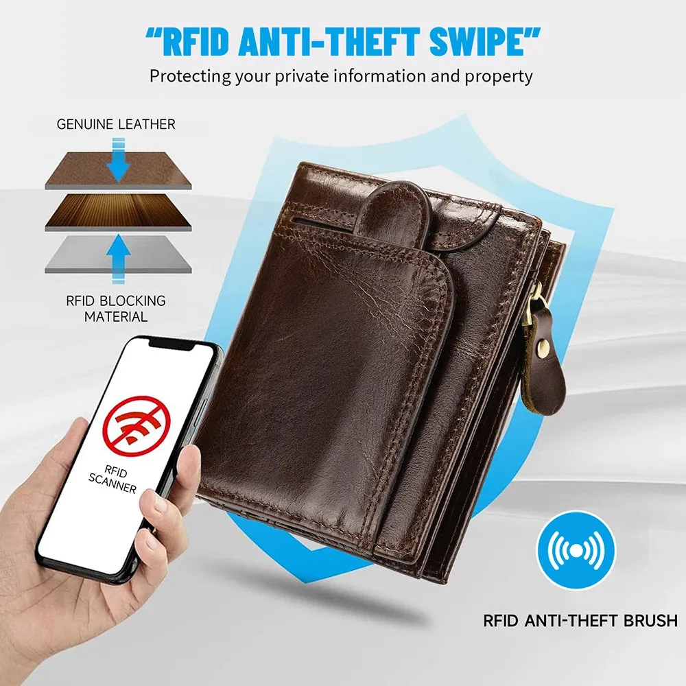 RFID Genuine Leather Wallet for Men, Short Clutch with Coin Pocket and Card Slots