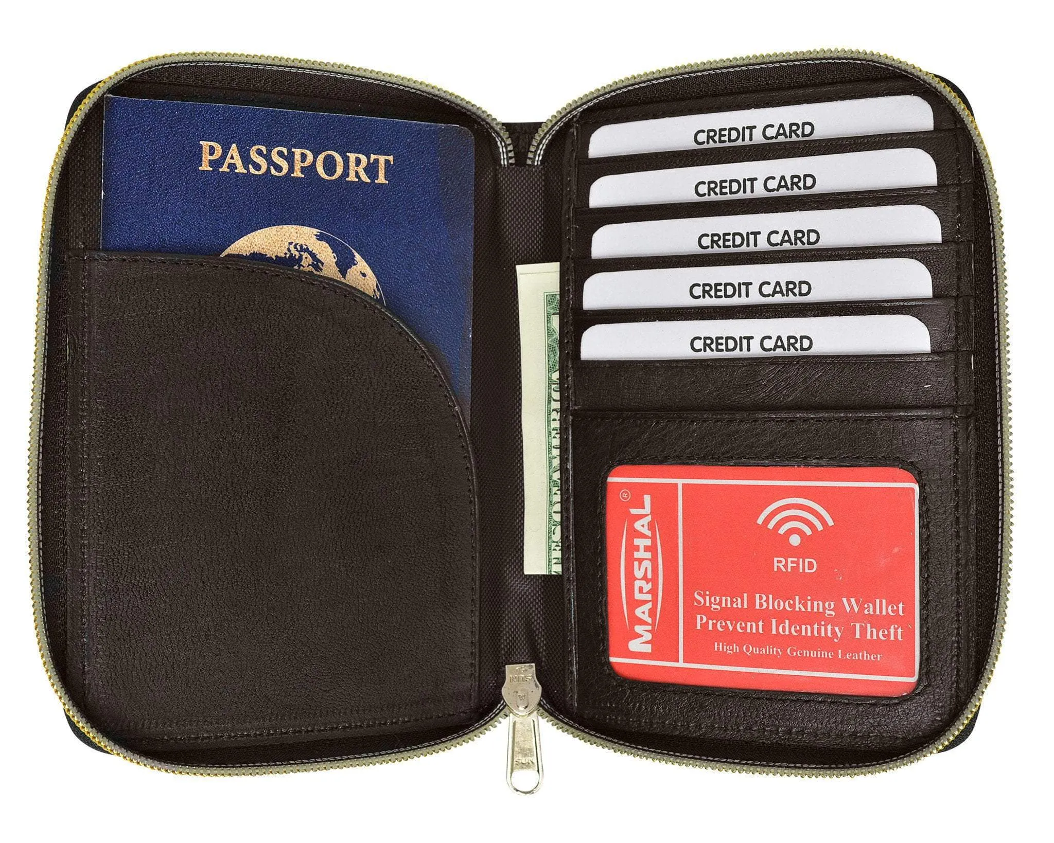 RFID Premium Leather Men's Passport Bifold Zip Around Wallet ID & Credit Card Holder RFID P 701 (C)