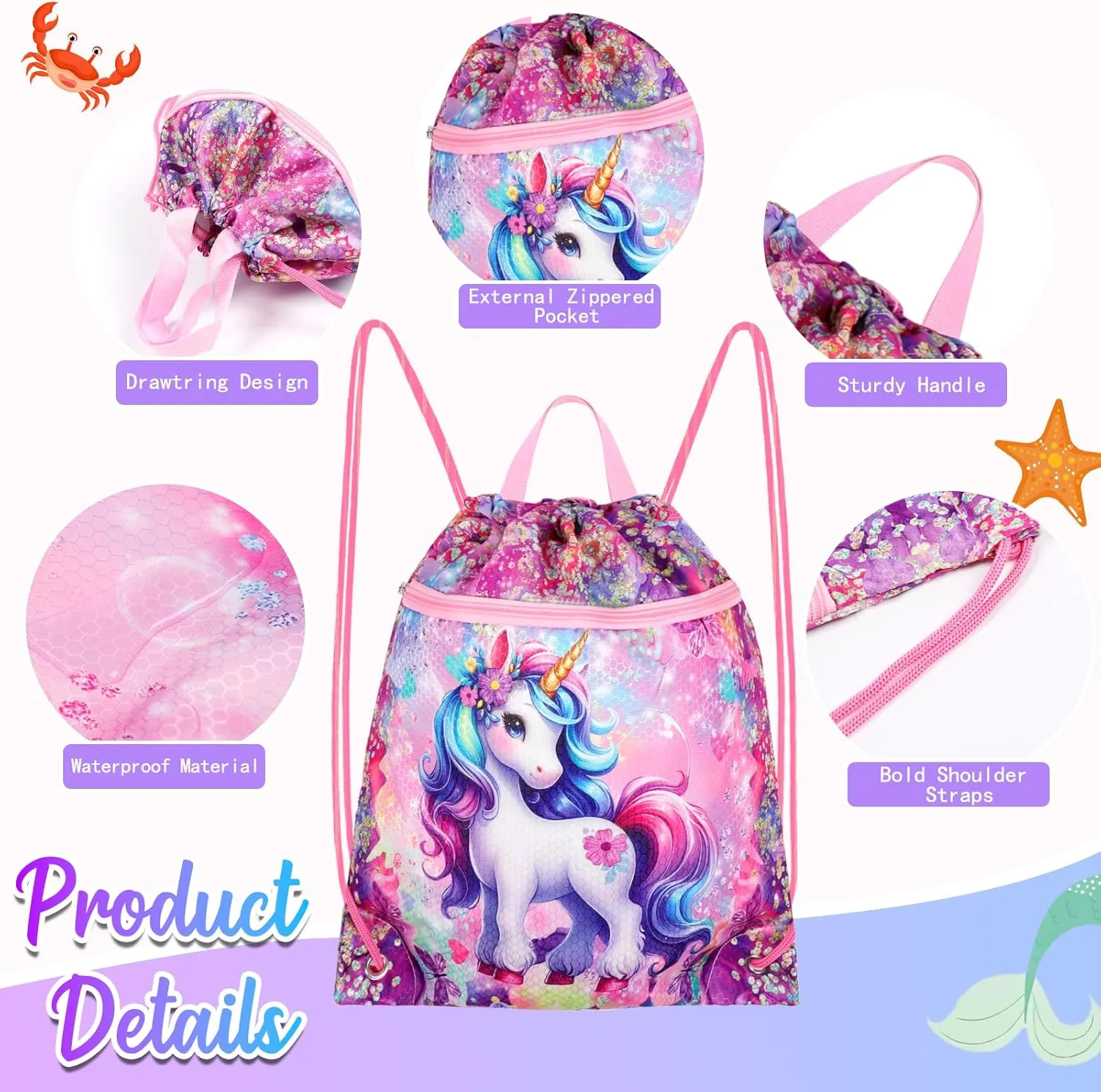 RLGPBON Drawstring Backpack for Kids Girls and Boy,Girls Gym Dance Bag,Sports Gym Bag for Girls Kids Waterproof Swimming Beach Sackpack