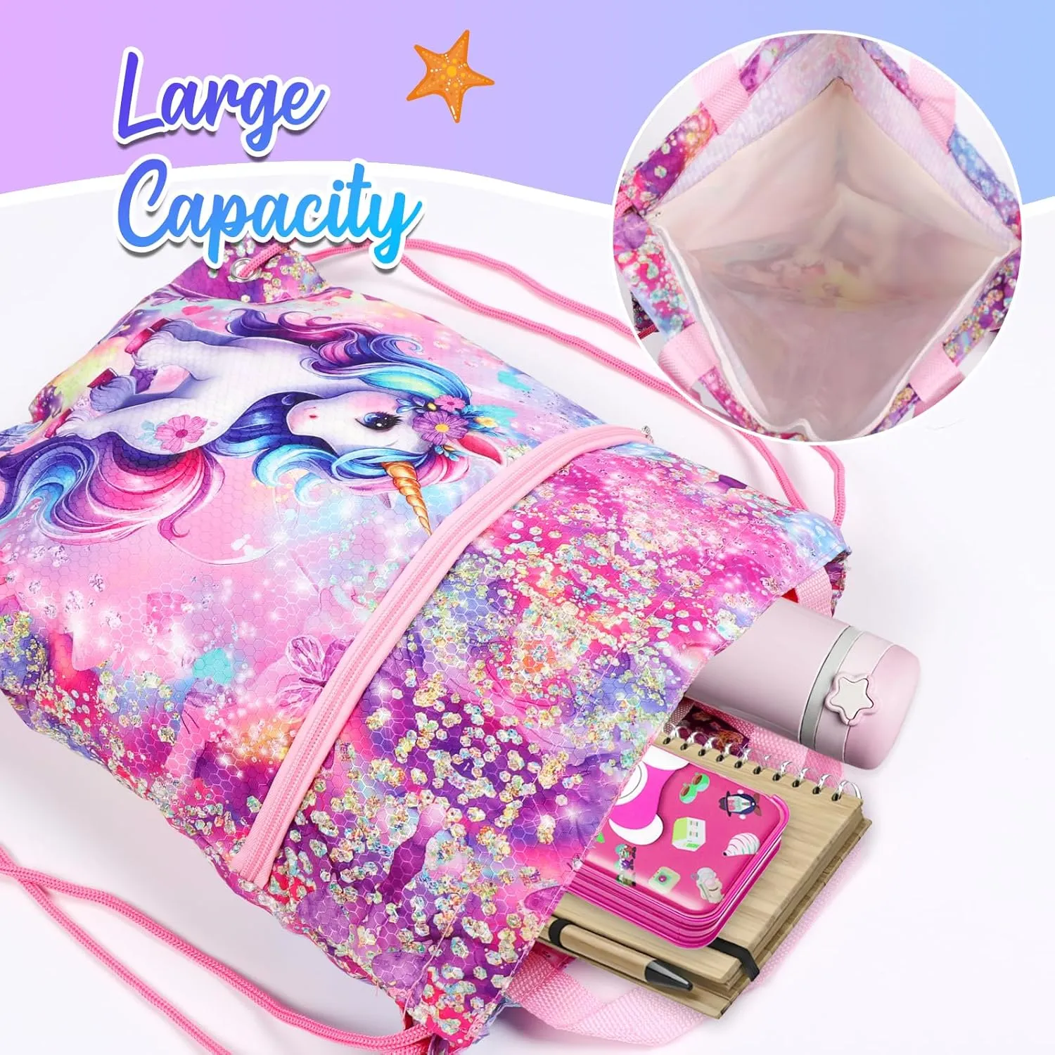 RLGPBON Drawstring Backpack for Kids Girls and Boy,Girls Gym Dance Bag,Sports Gym Bag for Girls Kids Waterproof Swimming Beach Sackpack