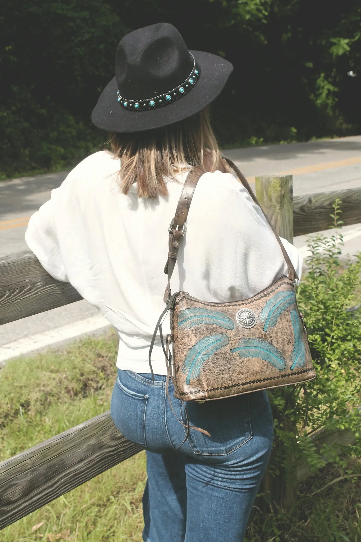 Sacred Bird Zip Top Shoulder Bag - Charcoal Brown/Turquoise 7570
