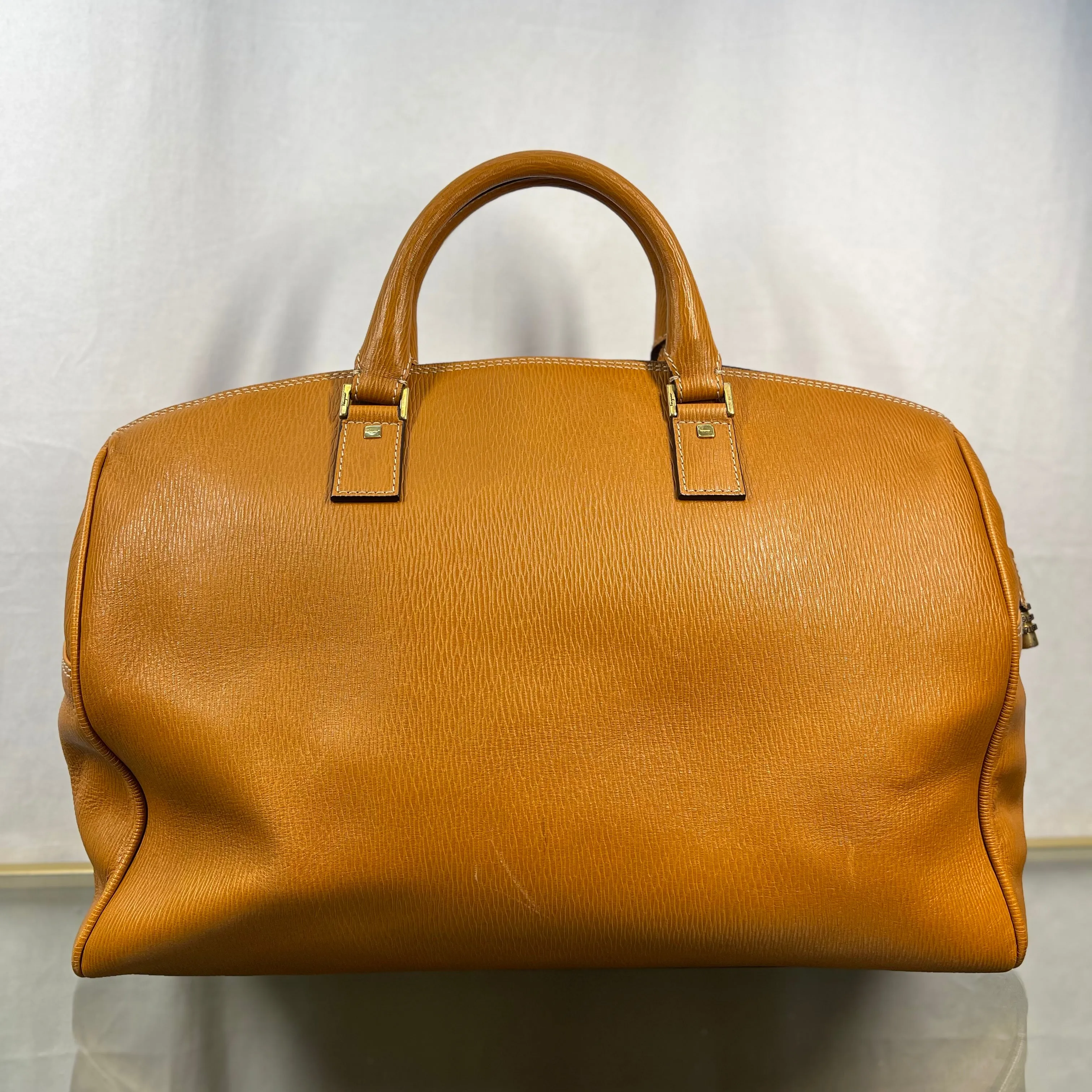 SALVATORE FERRAGAMO Tan Textured Leather Weekend Vintage Satchel Bag
