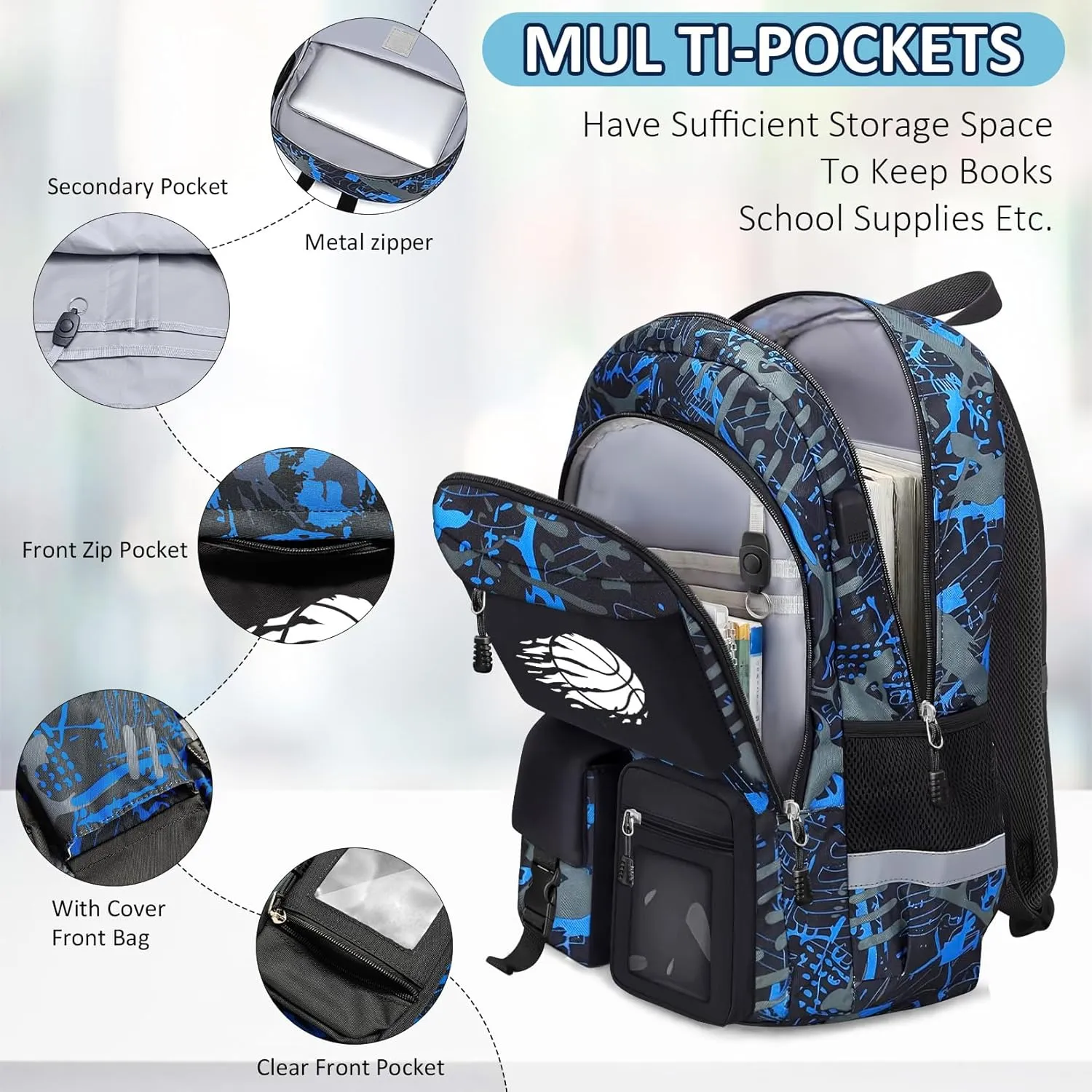 School Backpack for Boys - Basketball Boys Backpack for Kids Children Teens Elementary Middle School Students - 18" Large Capacity School Bookbag with Multiple Pockets
