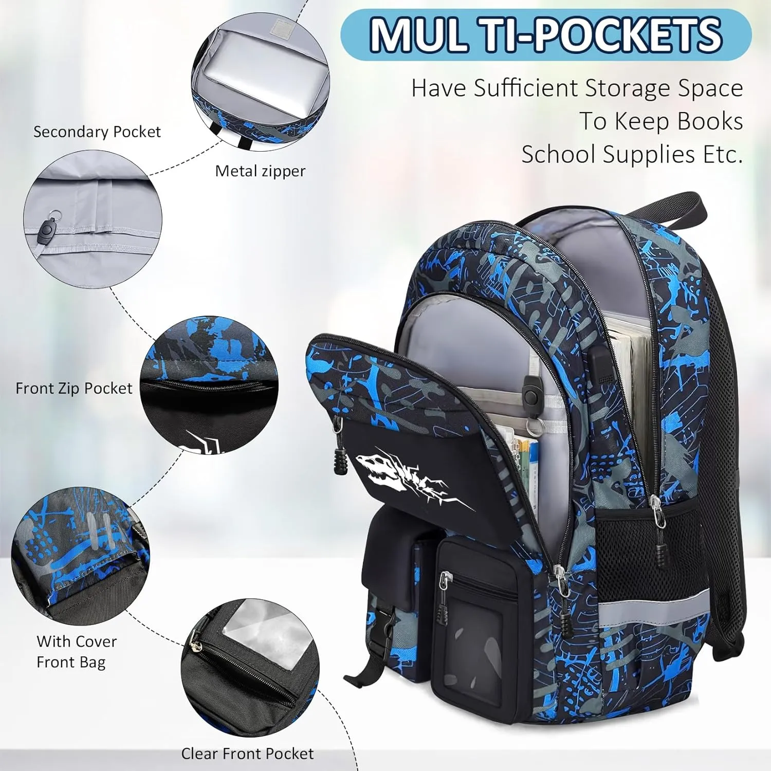 School Backpack for Boys - Dinosaur Boys Backpack for Kids Children Teens Elementary Middle School Students - 18" Large Capacity School Bookbag with Multiple Pockets