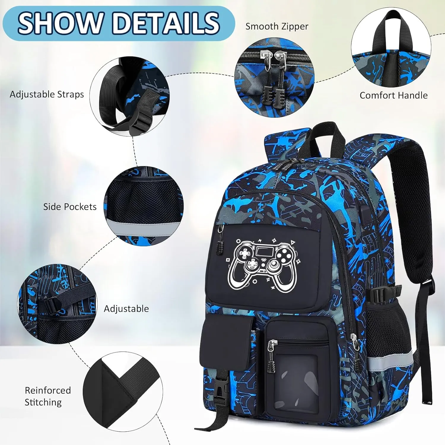 School Backpack for Boys - Gamer Boys Backpack for Kids Children Teens Elementary Middle School Students - 18" Large Capacity School Bookbag with Multiple Pockets