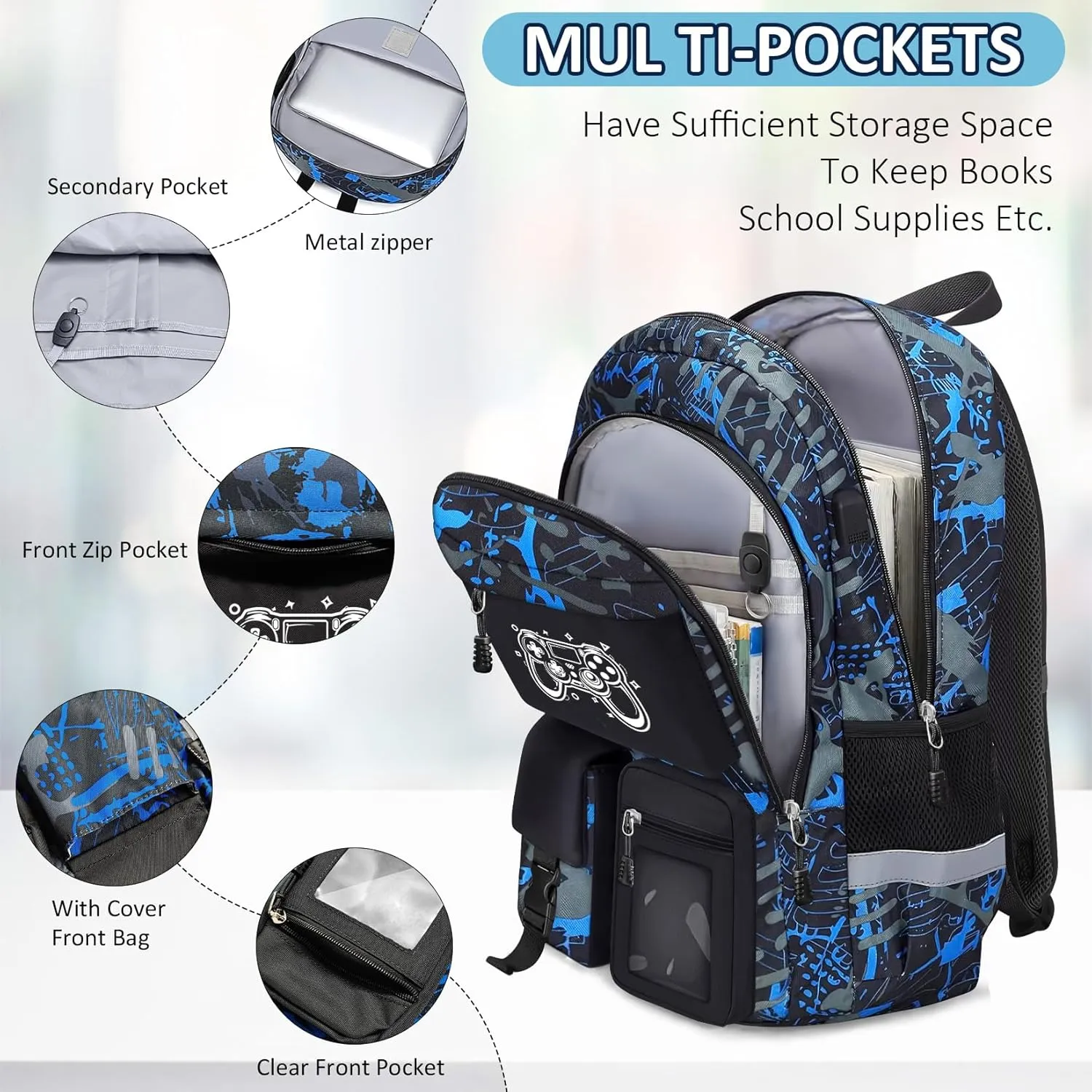 School Backpack for Boys - Gamer Boys Backpack for Kids Children Teens Elementary Middle School Students - 18" Large Capacity School Bookbag with Multiple Pockets