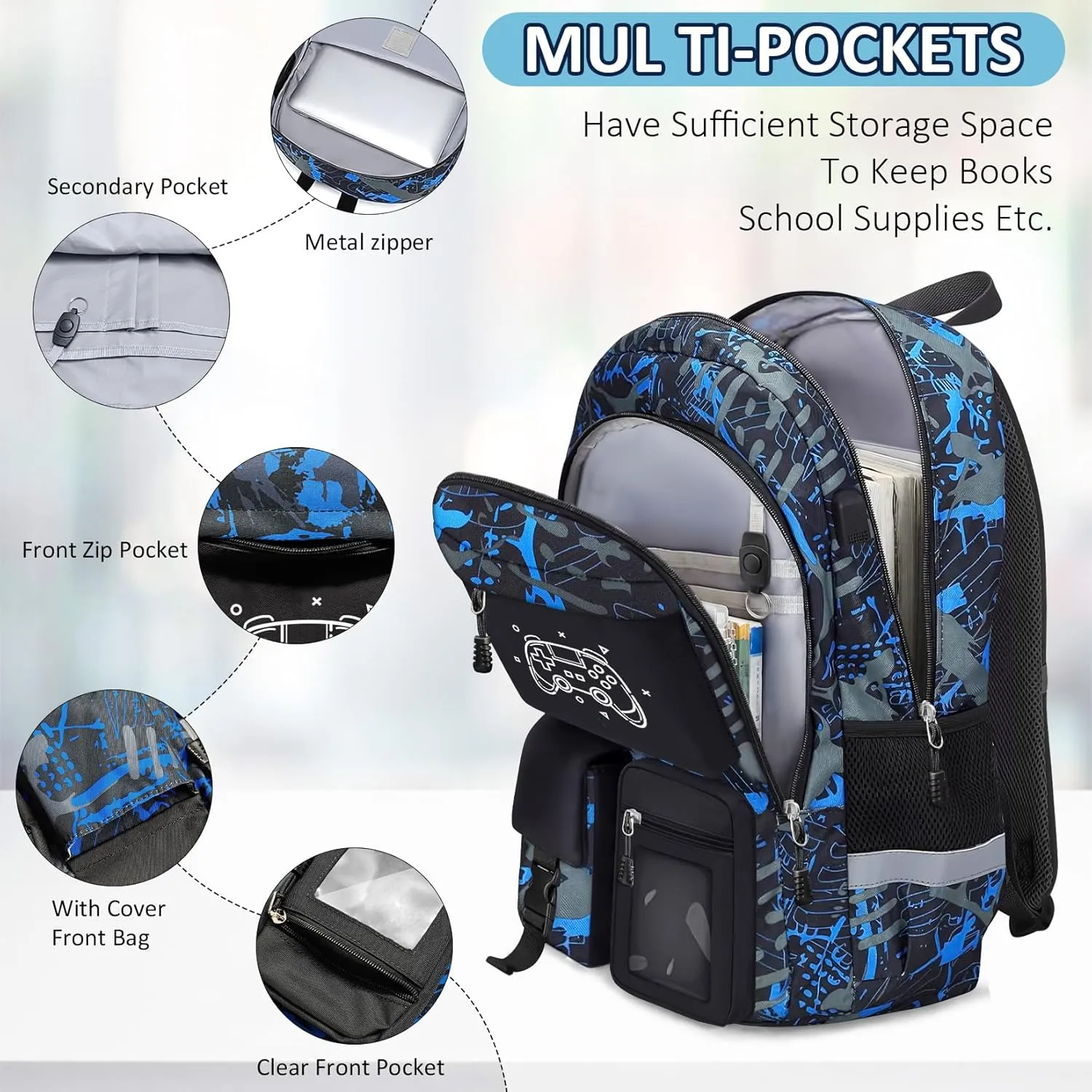 School Backpack for Boys - Gamer Boys Backpack for Kids Children Teens Elementary Middle School Students - 18" Large Capacity School Bookbag with Multiple Pockets