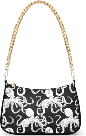 Seamless Octopus Black Shoulder Handbags for Women Travel Hobo Tote Handbag Women Gold Chain Shoulder Bags Purse with Zipper Closure