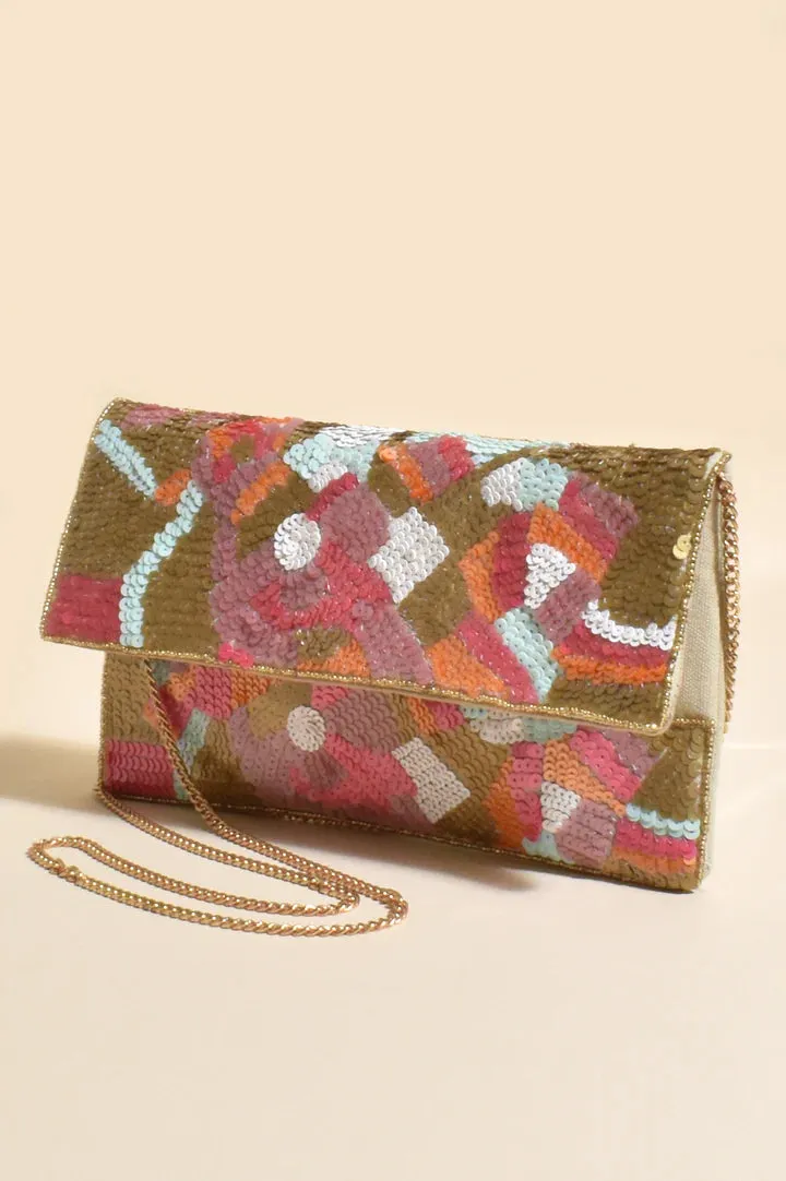 SEQUINNED FLORAL FLAP OVER CLUTCH (MULTI)