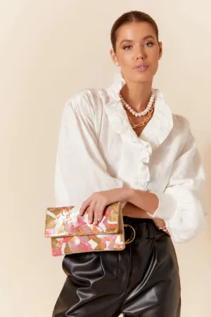SEQUINNED FLORAL FLAP OVER CLUTCH (MULTI)