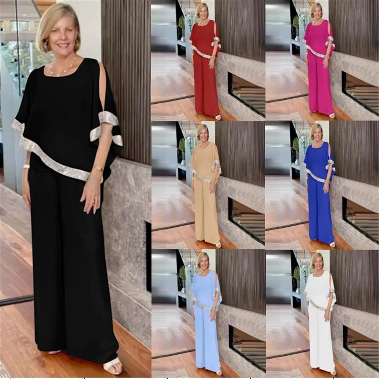 Sequins Patchwork Slit Bat Sleeve Long Pants Suits, Plus Size Pants Sets for Women Dressy Pantsuits for Wedding Guest
