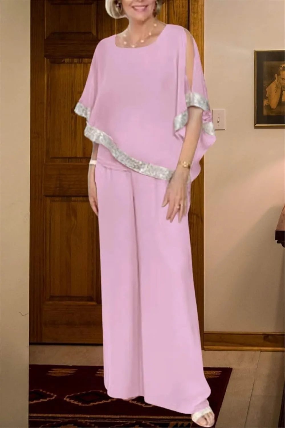 Sequins Patchwork Slit Bat Sleeve Long Pants Suits, Plus Size Pants Sets for Women Dressy Pantsuits for Wedding Guest
