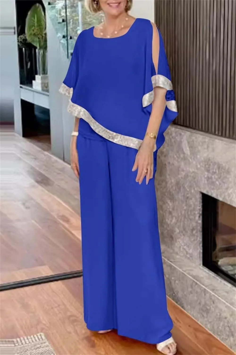 Sequins Patchwork Slit Bat Sleeve Long Pants Suits, Plus Size Pants Sets for Women Dressy Pantsuits for Wedding Guest