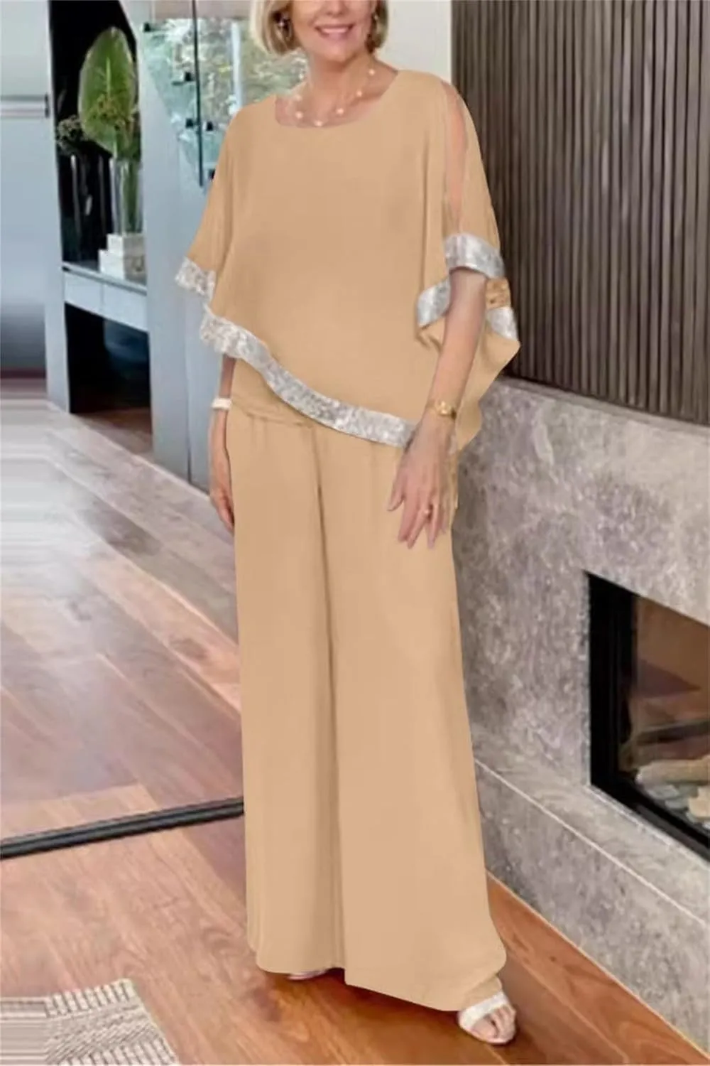 Sequins Patchwork Slit Bat Sleeve Long Pants Suits, Plus Size Pants Sets for Women Dressy Pantsuits for Wedding Guest