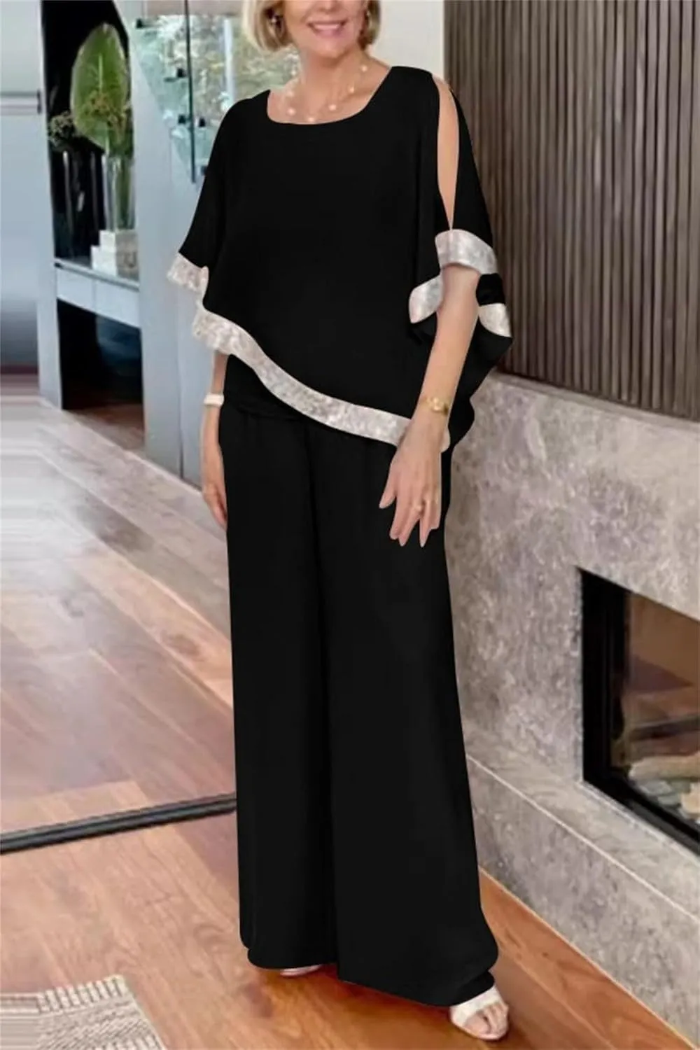 Sequins Patchwork Slit Bat Sleeve Long Pants Suits, Plus Size Pants Sets for Women Dressy Pantsuits for Wedding Guest