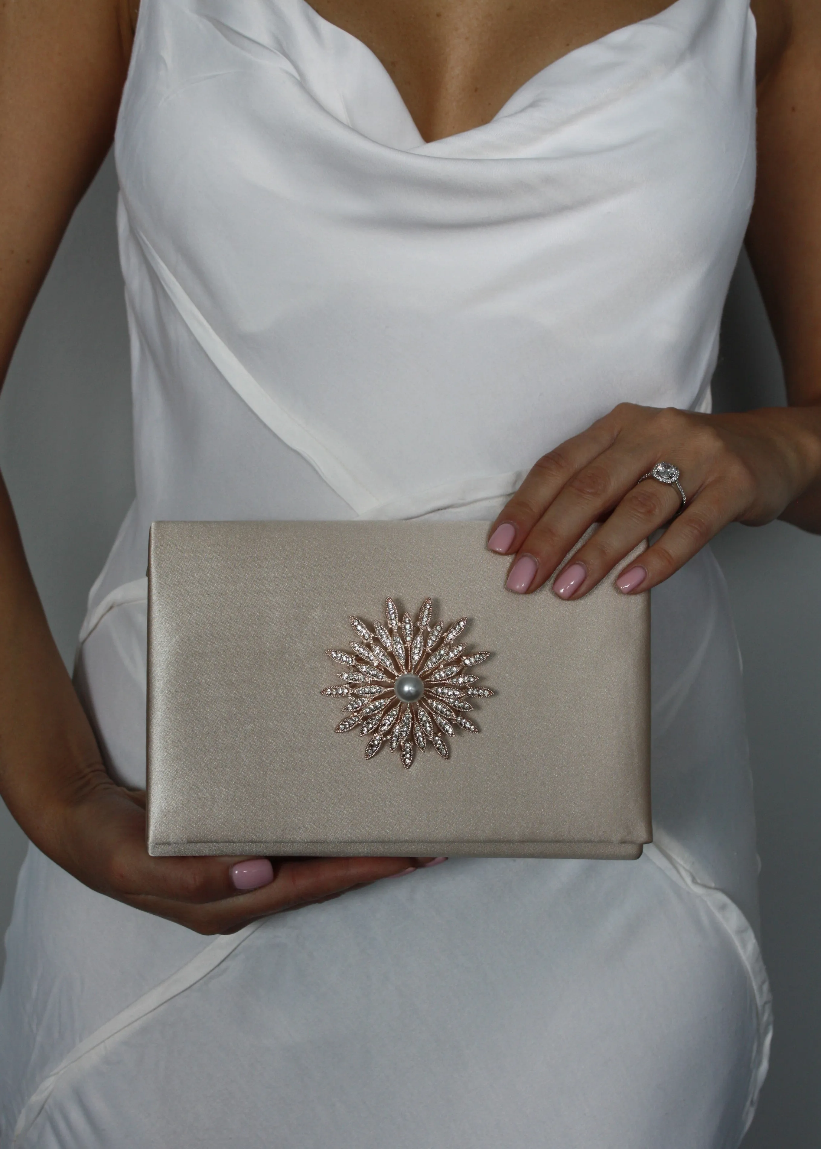 Silver Satin Crystal Clutch