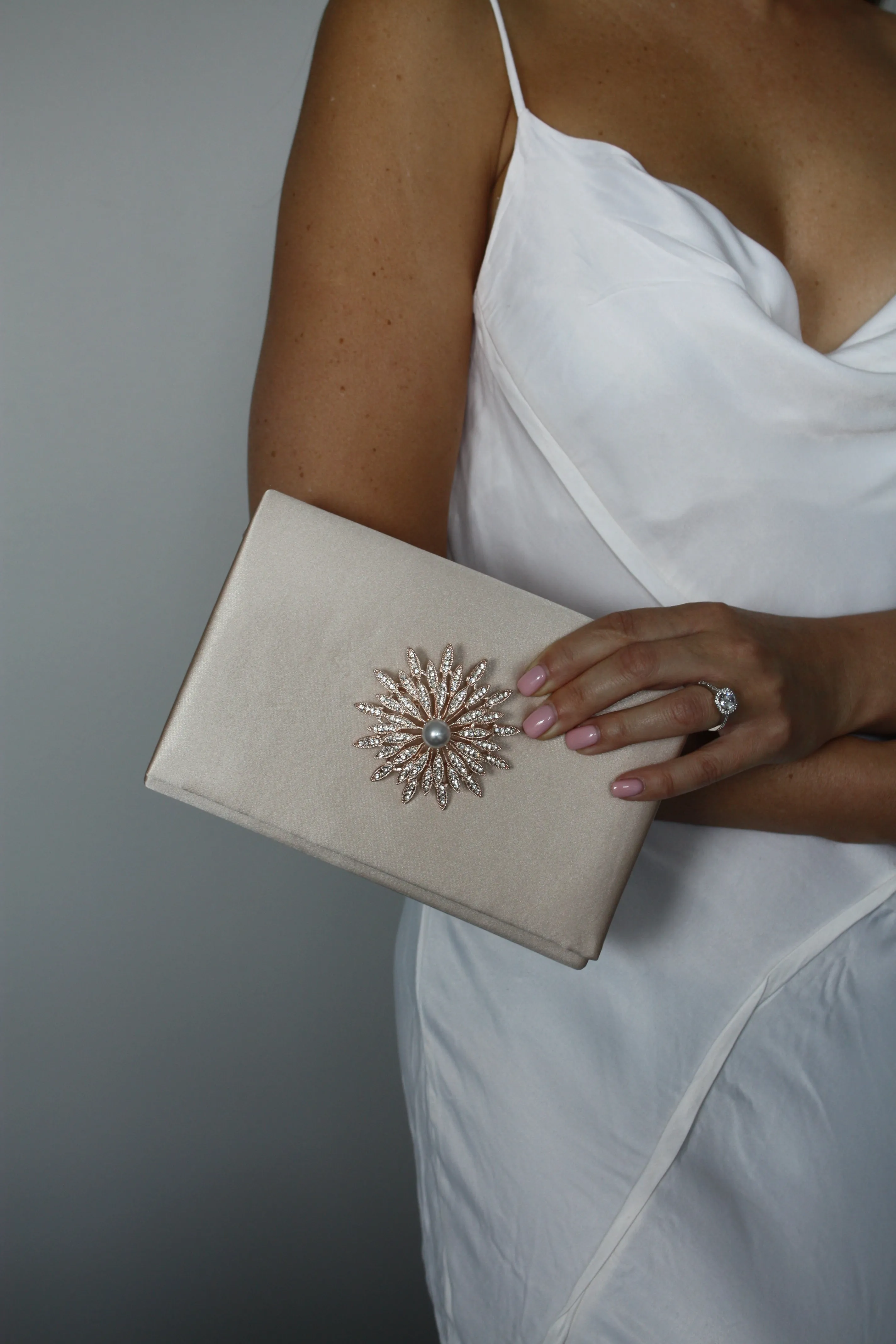 Silver Satin Crystal Clutch