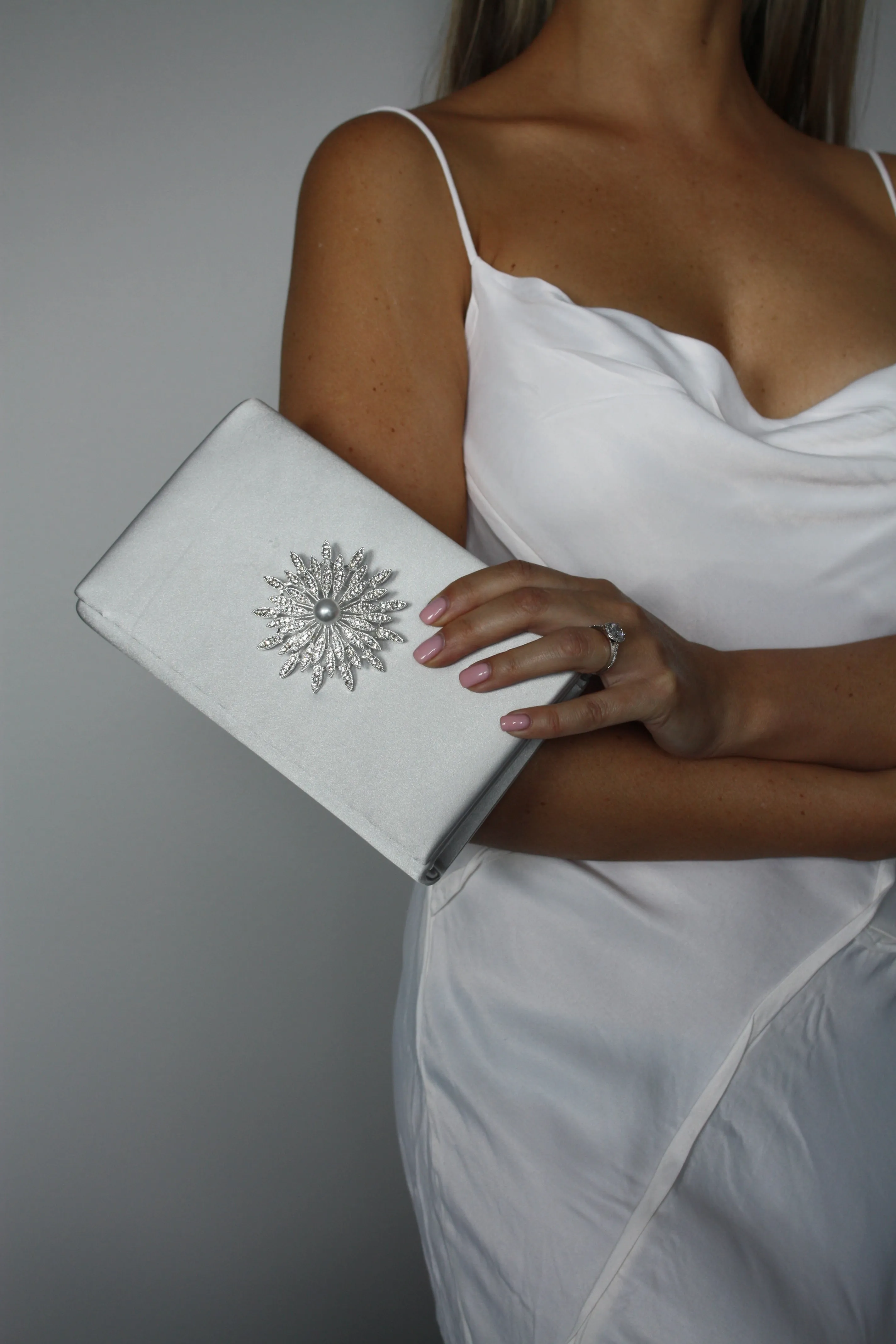 Silver Satin Crystal Clutch