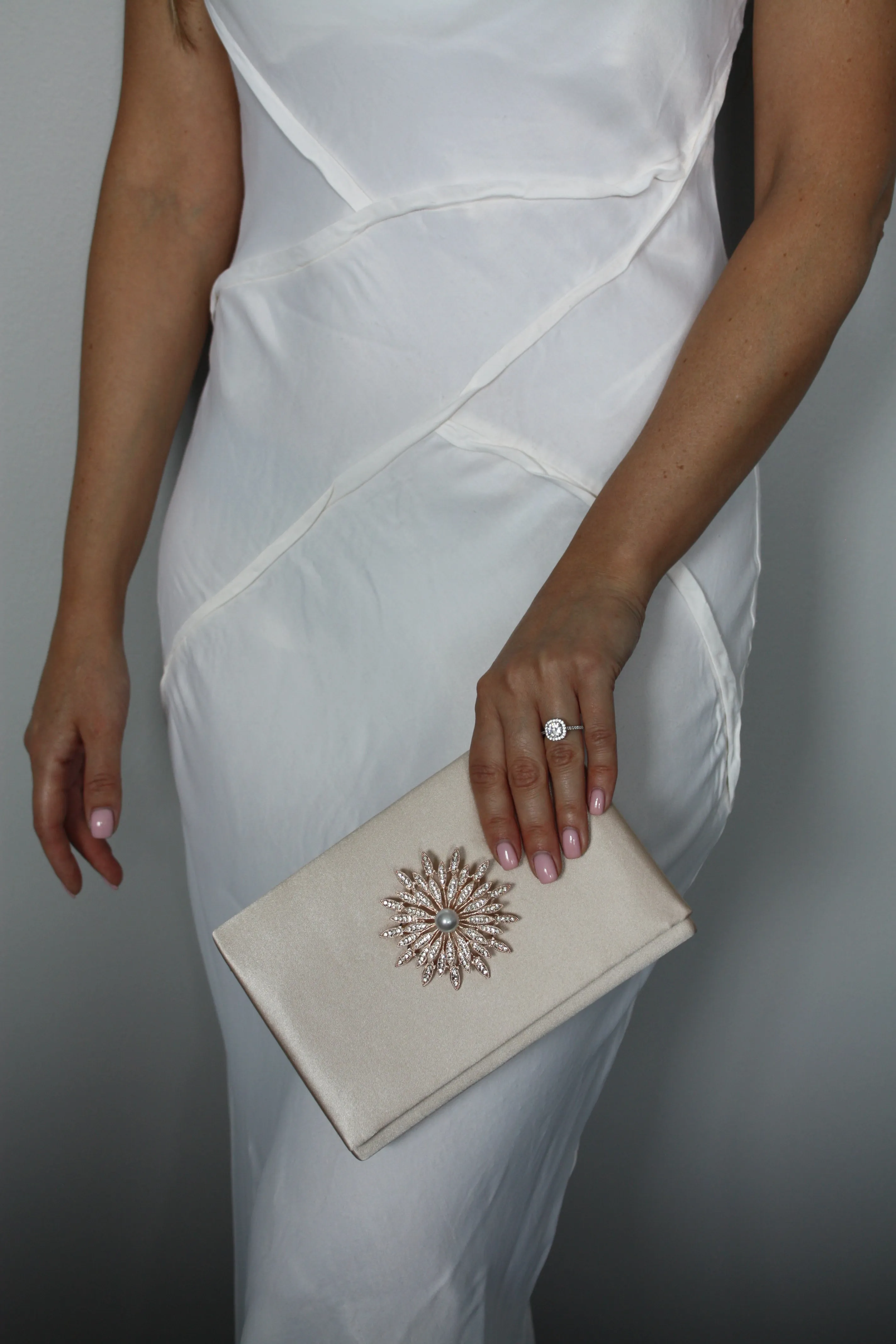 Silver Satin Crystal Clutch