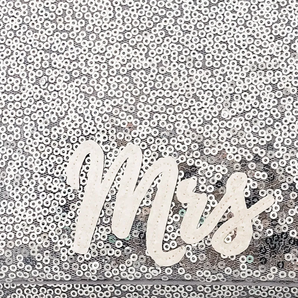 Silver sequin MRS surname bridal wedding day clutch