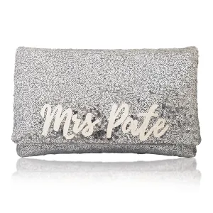 Silver sequin MRS surname bridal wedding day clutch