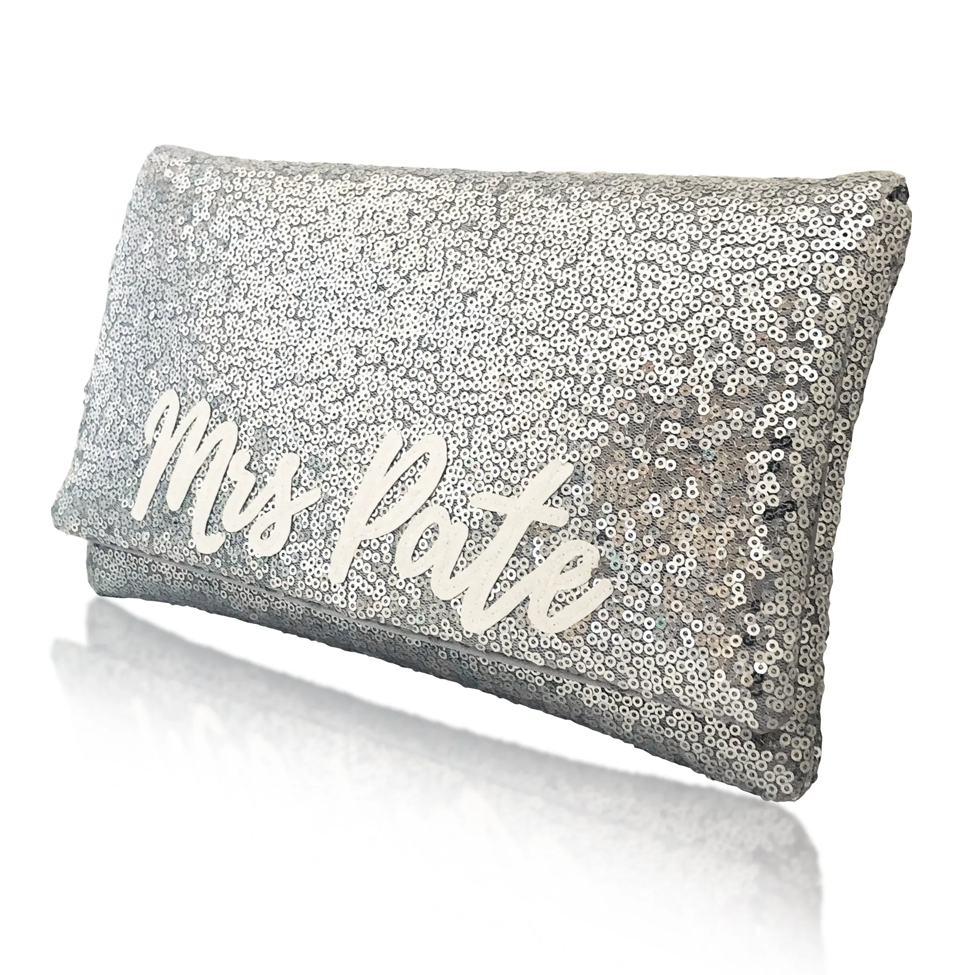 Silver sequin MRS surname bridal wedding day clutch
