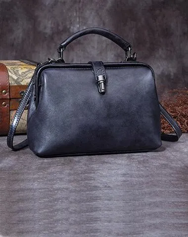 Small Dark Blue Leather Doctor Bag Shoulder Bag Purse For Women