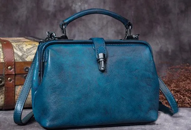 Small Dark Blue Leather Doctor Bag Shoulder Bag Purse For Women