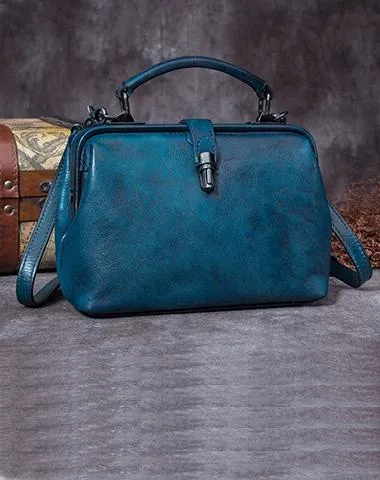 Small Dark Blue Leather Doctor Bag Shoulder Bag Purse For Women
