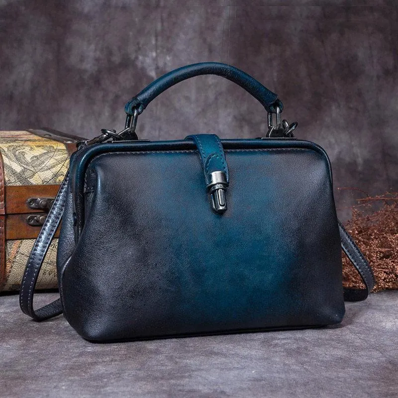 Small Dark Blue Leather Doctor Bag Shoulder Bag Purse For Women