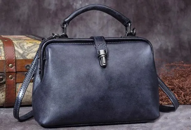 Small Dark Blue Leather Doctor Bag Shoulder Bag Purse For Women
