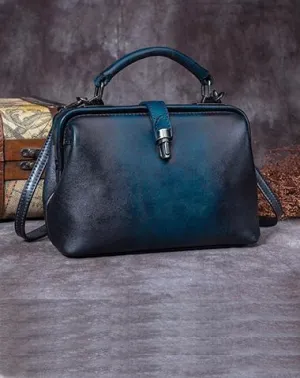 Small Dark Blue Leather Doctor Bag Shoulder Bag Purse For Women