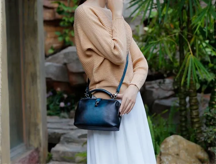 Small Dark Blue Leather Doctor Bag Shoulder Bag Purse For Women