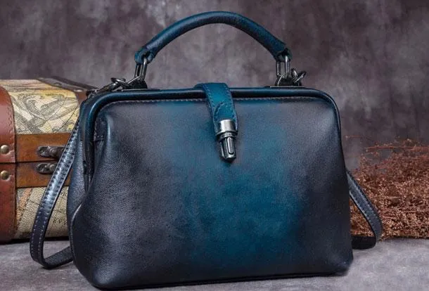 Small Dark Blue Leather Doctor Bag Shoulder Bag Purse For Women