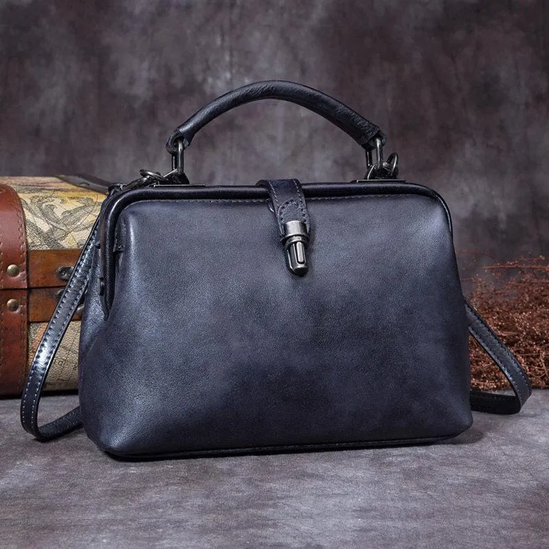 Small Dark Blue Leather Doctor Bag Shoulder Bag Purse For Women