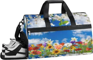 Spring Summer Flower Gym Duffle Bag for Women Men 35L Sports Bags Travel Duffel with Shoe Compartment Large Weekender Overnight