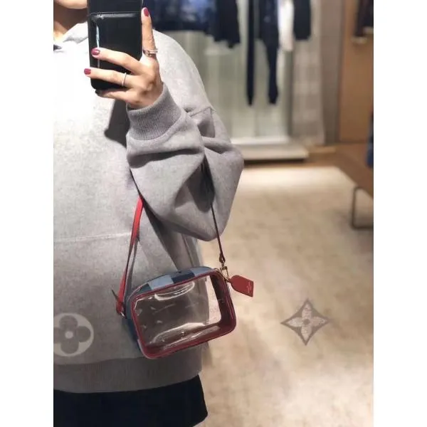 Square Beach Pouch Shoulder Bag In Damier Monogram Denim Canvas And Pvc M68765 Blue/red 2020 Collection
