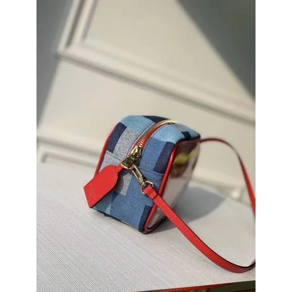 Square Beach Pouch Shoulder Bag In Damier Monogram Denim Canvas And Pvc M68765 Blue/red 2020 Collection