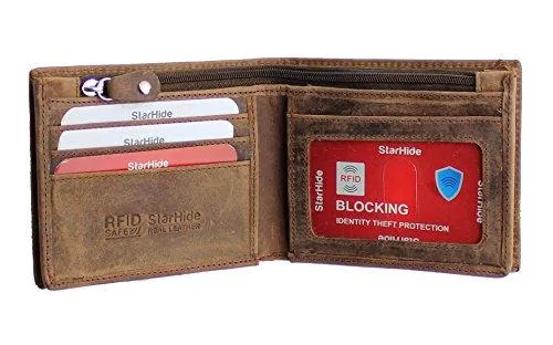 StarHide Mens Essentials Wallet RFID Safe Contactless Security Card Protection Distressed Hunter Leather Billfold Purse 1150