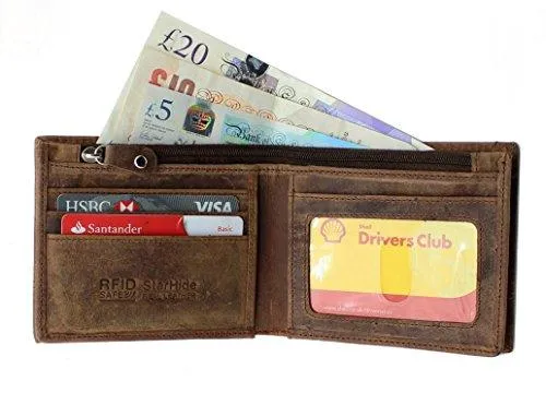 StarHide Mens Essentials Wallet RFID Safe Contactless Security Card Protection Distressed Hunter Leather Billfold Purse 1150