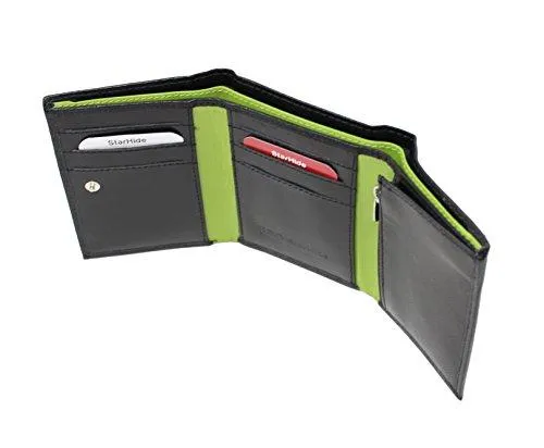 STARHIDE RFID Blocking Tall Genuine Goat Leather Trifold Zip Wallet Gift Boxed 615 (Black/Green)