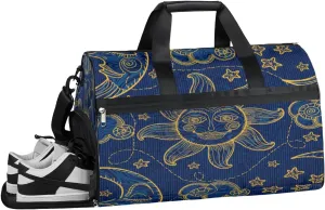 Sun Moon Blue Gold Gym Duffle Bag for Women Men 35L Sports Bags Travel Duffel with Shoe Compartment Large Weekender Overnight